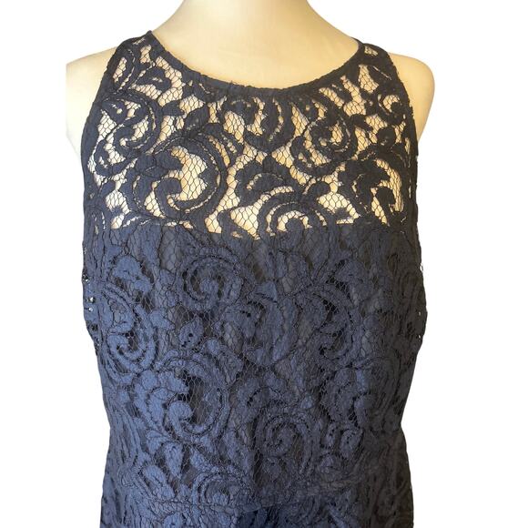 J. Crew Pamela Dress Leavers Lace Blue Size 16 Illusion Neckline Back Keyhole - Picture 2 of 8